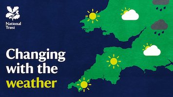 Graphic showing partial map of UK with weather icons. Text reads "changing with the weather", with NT icon in top left of image